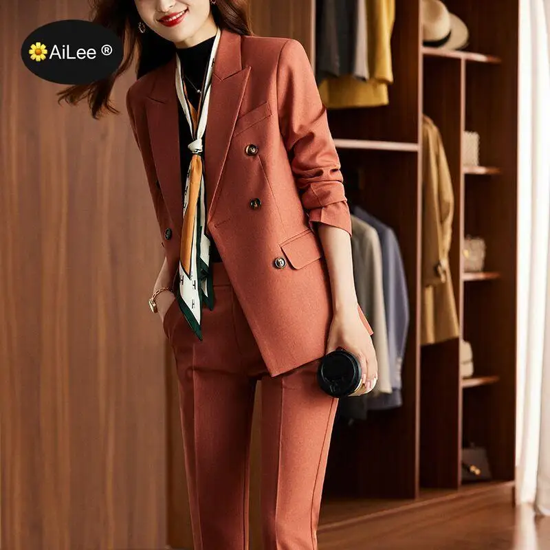 Double Breasted Winter Women Blazer Suit Pants Trousers Set Elegant Office Formal Party Business Autumn Lady Luxury Oversize Top