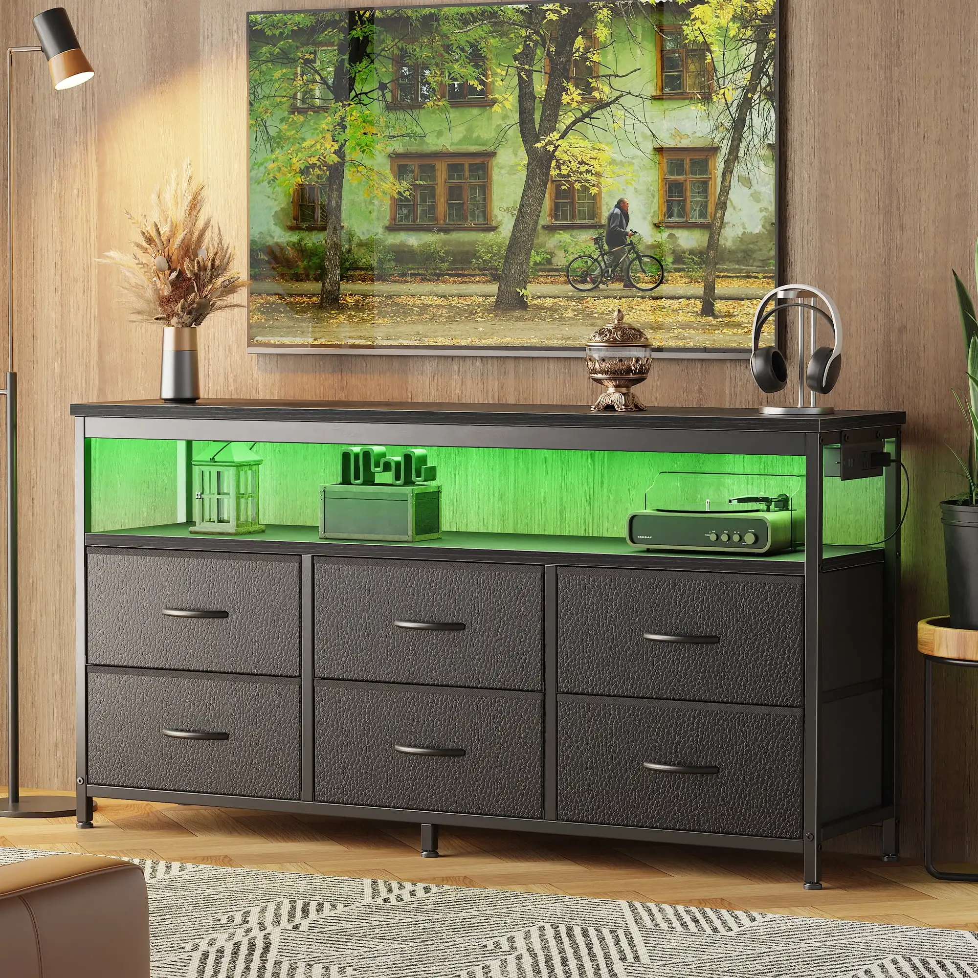 47 Inch LED TV Stand Dresser for 55 Inch TVs, 6 Drawer Entertainment Center with Power Outlets, Media Console with Storage