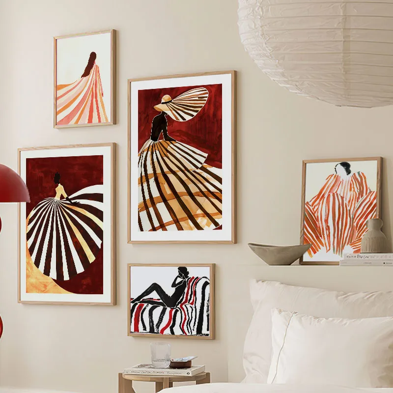 Red Striped Girl Hat Vintage Wall Art Canvas Painting Abstract Posters And Prints Hotel Bar Wall Pictures For Living Room Decor view 3
