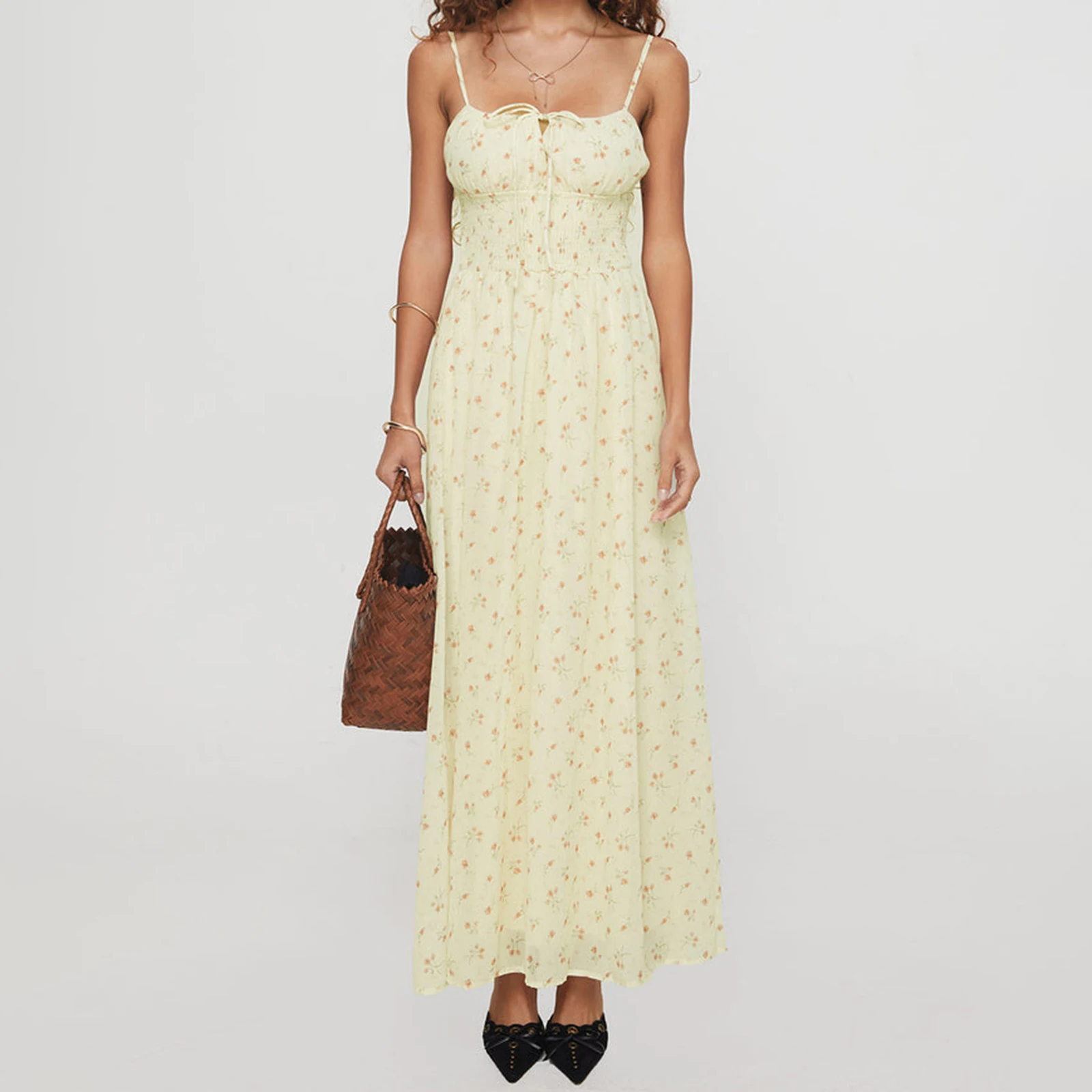 Mulheres verão cinta de espaguete boêmio deslizamento vestido sem mangas tie-up floral impressão solta vestidos longos