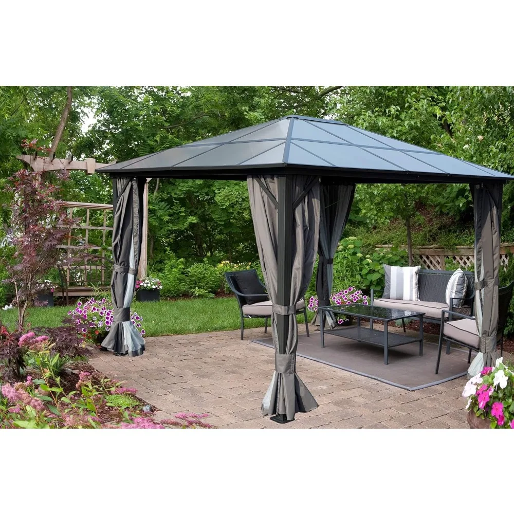 Hardtop Gazebo with Composite Polycarbonate Top for Outdoor Patio Lawn and Garden, Curtains and Netting Included (10ftx12ft)