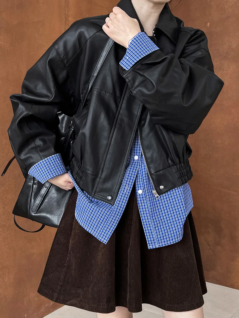

Hong Kong style leather jacket women's 2025 autumn new loose short PU motorcycle leather jacket top leather jacket