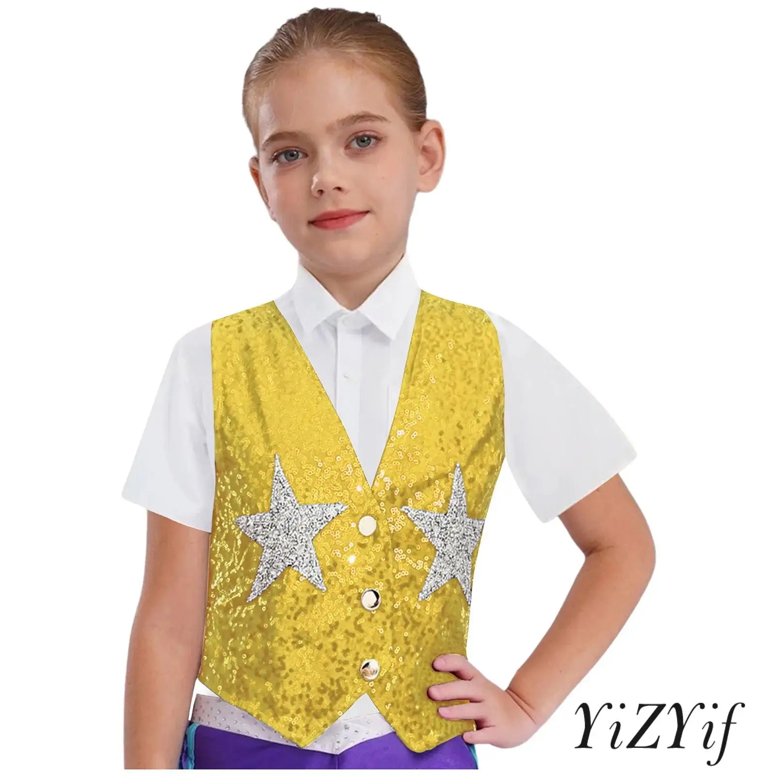 

Kids Girls Boys Unisex Fashion Sequins Vest V Neck Buttons Waistcoat Sparkle Sequins Stars Vest Halloween Holiday Costume