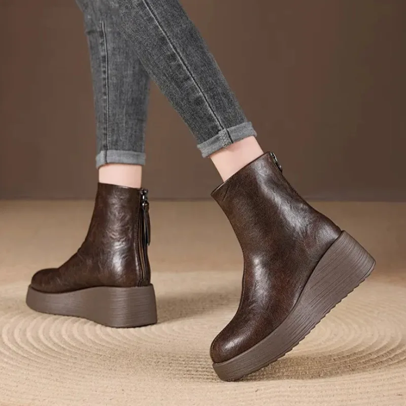 

Platform Women High Heels Ankle Boots Fashion Wedges Winter Shoes 2025 Leather Casual Short Boots New Designer Zapatillas Mujer