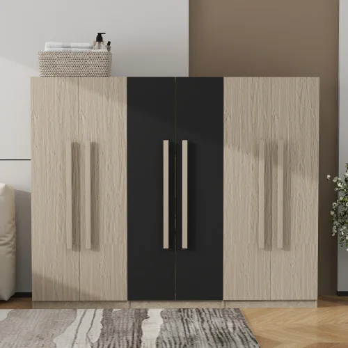 

#6-Doors Solid Wood Modern Wardrobe Storage For Bedroom With 2 3 Drawers Inside Black+Nature