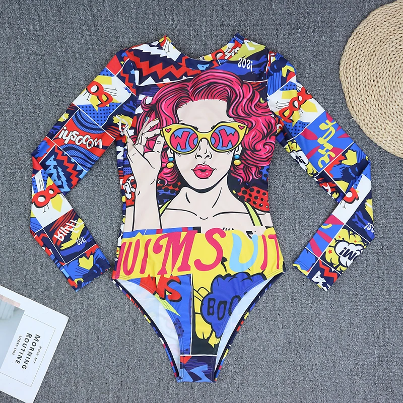 Sexy Rash Guard Women Swimsuit 2024 One Piece Long Sleeve Bodysuit Zip Front Bathing Suit Leaf Print Beachwear Surf Monokini
