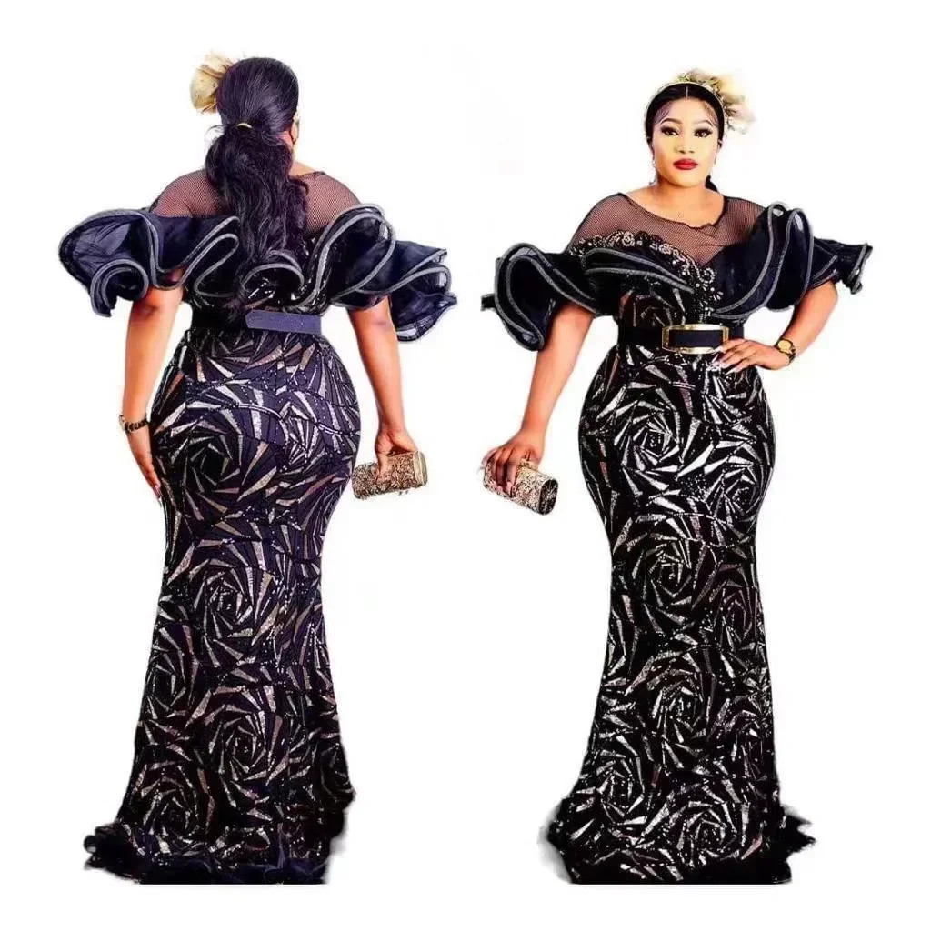 2023 Spring Summer Elegant African Women Short Sleeve Sequined Wedding Party Long Dress African Dresses for Women Maxi Dress