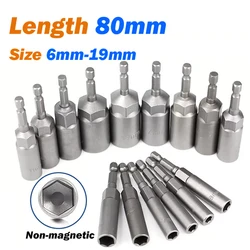 Length 80mm Hex Deep Socket Hex Shank Nut Driver Bit Non-magnetic Deepen Power Nut Driver Drill Bit Set Impact Socket Adapter