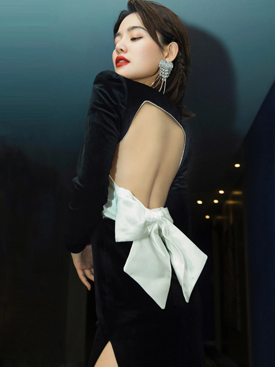 

Sexy Velvet Evening Dr with Slit High Waist Knot Host Gown for Par Wedding Performance Long Sve Floor Le...