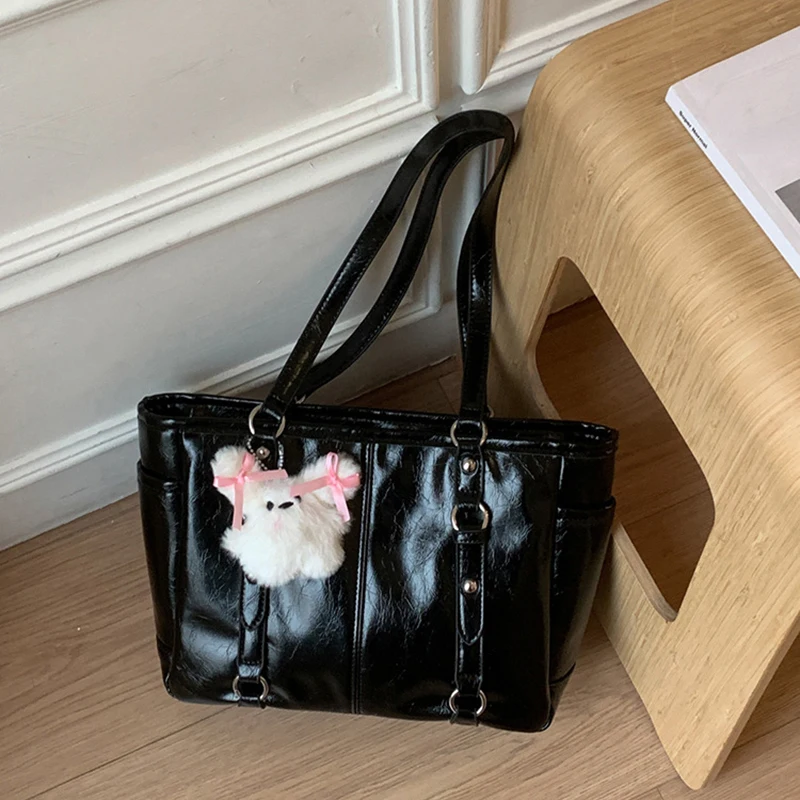 

Korean Fashion Shoulder Bag Y2k Studded Decor Underarm Bag Large Capacity Zippered Tote Bag Solid Color Casual Commuter Handbag