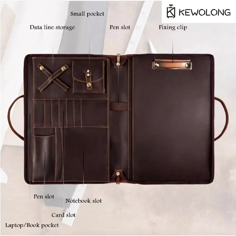 حقيبة كمبيوتر محمول جلدية عتيقة مقاس 15.6 بوصة مع حجرة مجلد الملفات، حقيبة حمل عمل متعددة الوظائف للأعمال