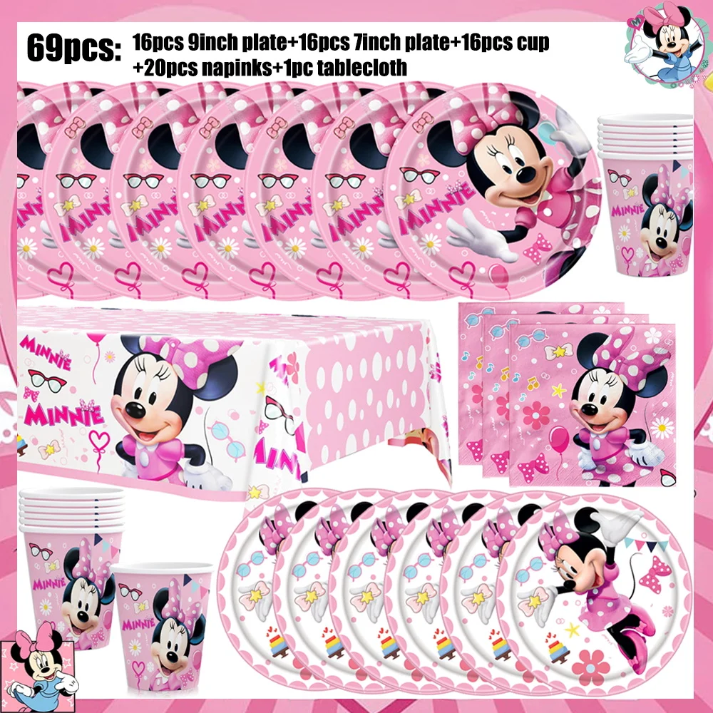 Disney Minnie Mouse Birthday Party Decoration Pink Minnie Paper Plate Cup Napkin Tablecloth Balloon Backdrop for Kid Baby Shower