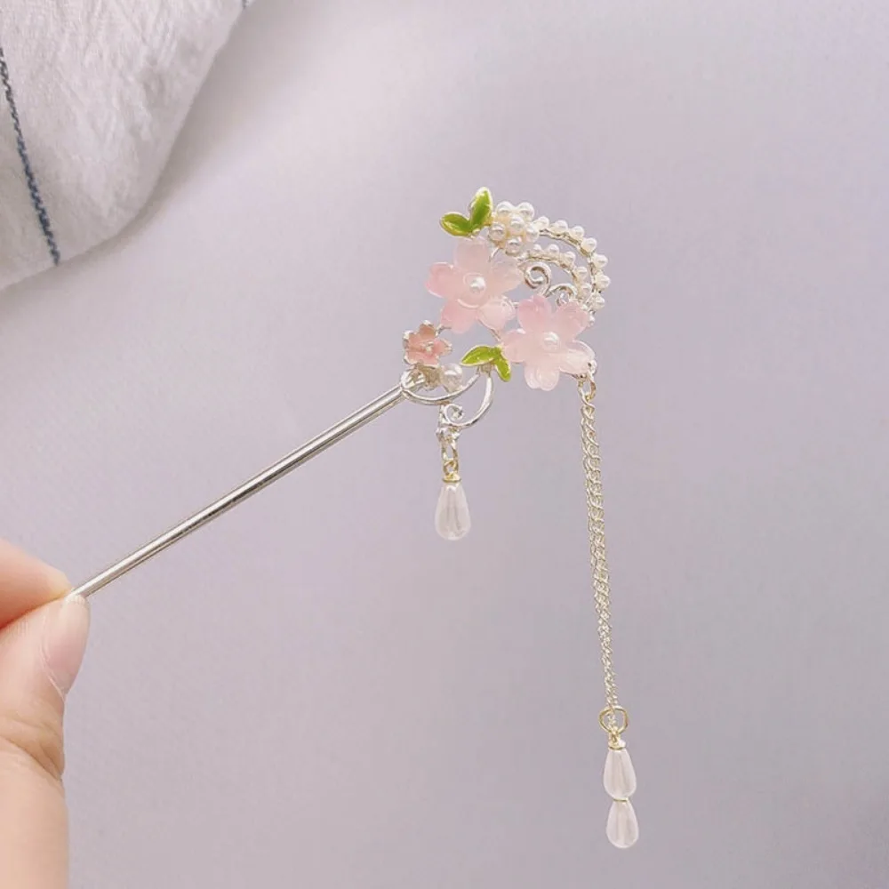 1피스 중국식 헤어 스틱: 핑크색 수지 꽃, 진주 및 술, Hanfu, 전통 행사에 적합