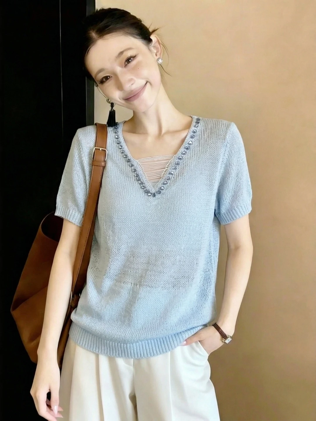 

Elegant Ice Silk Knitted Short Sleeve V-Neck Top Women Summer plus Size Heavy Embroidery Hollow out Design Comfortable Fit