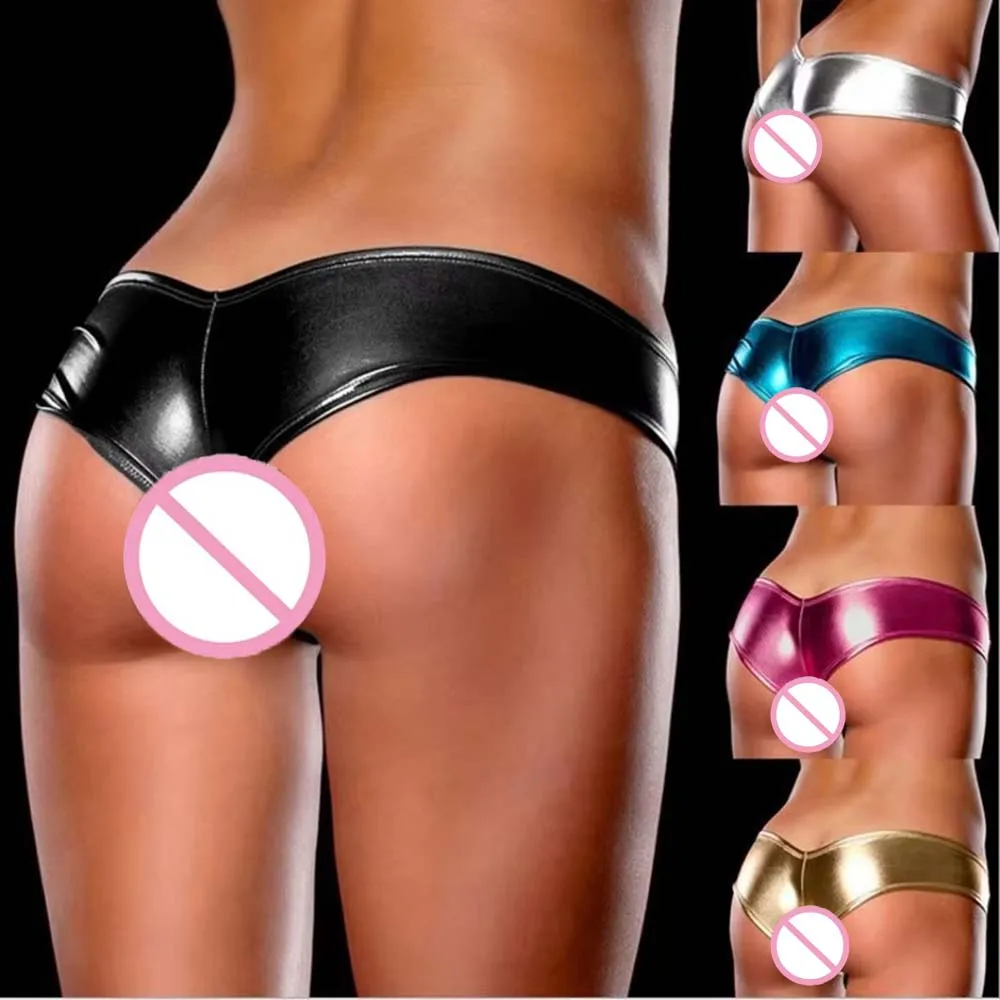 Women Bikini Briefs Sexy Lingerie Erotic Panties Patent Leather Latex Underwear Panties Low Waist Sexy Thongs Mini T-back view 2