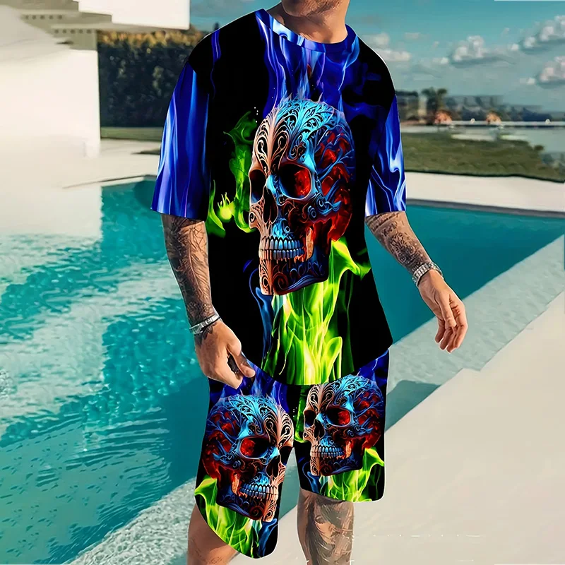 2024 New Street Vintage Men's Suit Oversized Men's Loose Top Summer Casual Breathable Refreshing Suit Printed 3D Skeleton