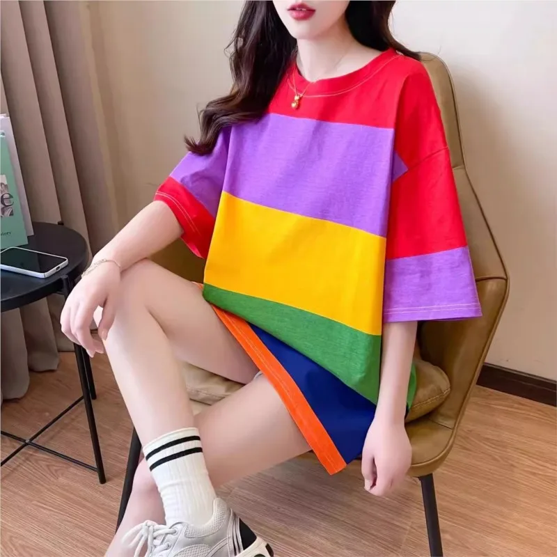 Korean Rainbow Stripes Printed T-shirt Women O-Neck All-match oversized t shirt Fashion Loose Tops Short Sleeve t shirts NS5857