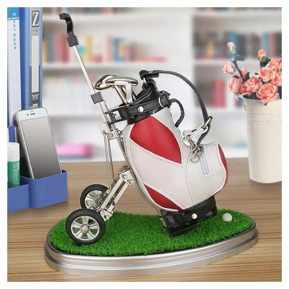 1 Set Golf Leather Pens Holder with Oval Lawn Base Unique Birthday Christmas Gift for Golfer Coworker Dad Desk Decoration
