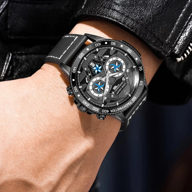 LOUIE JUELEN ساعات رياضية رجالية مقاوم للماء ريال ثلاثة عيون التقويم ساعة كوارتز متعددة الوظائف ساعة عادية Reloj Hombre