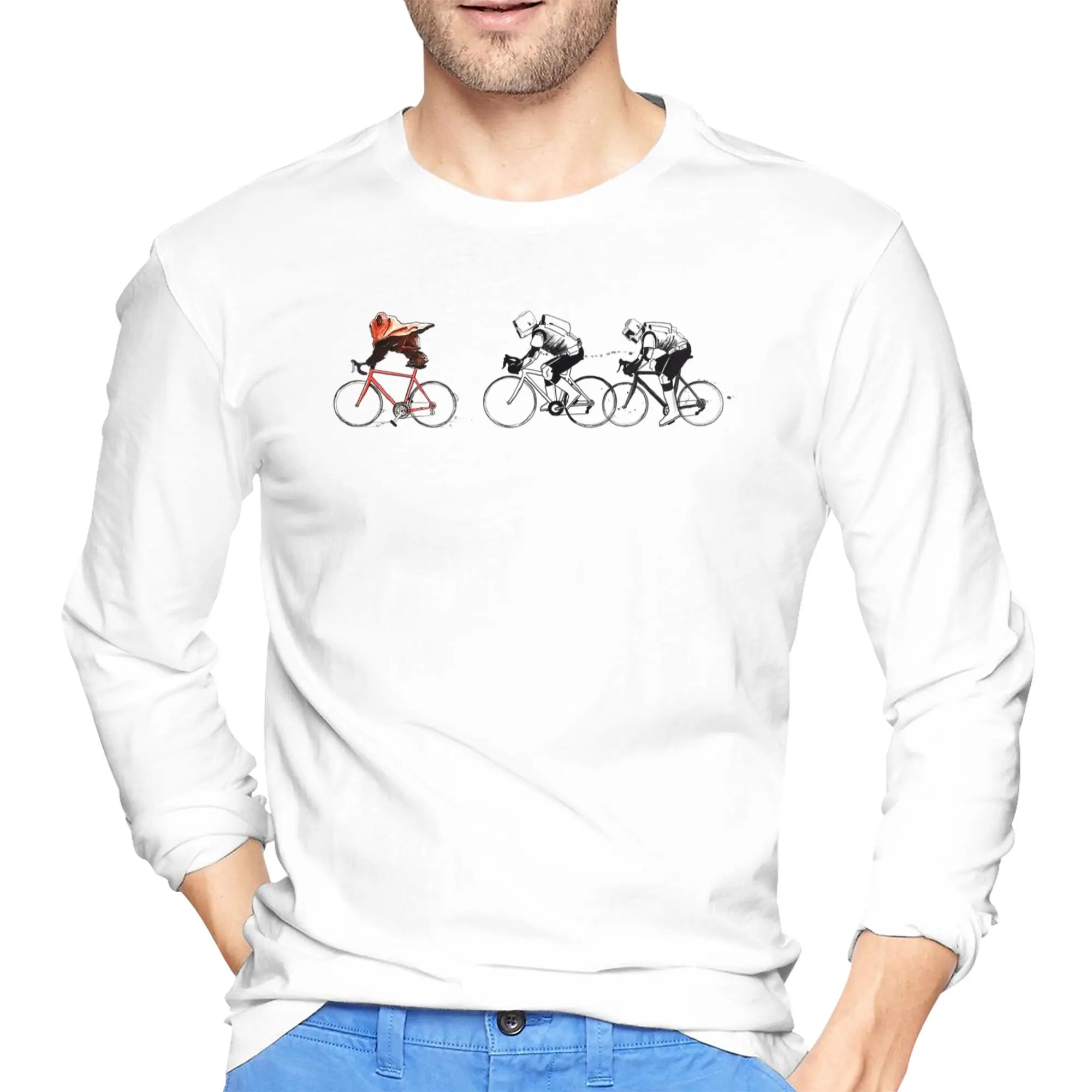

Ewok Bicycle Chase Classic Men's Long Sleeved T-shirt Casual Round Neck T shirts Spring and Autumn Men tops
