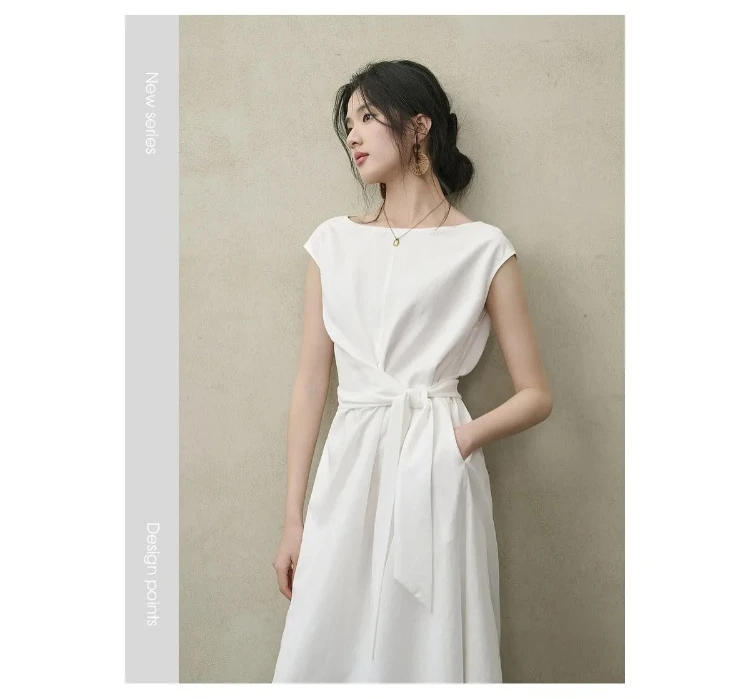 SENTUBILA Damen Weißes Freizeitkleid im A-Linien-Schnitt 2026 Neues Elegantes Bürokleid mit U-Ausschnitt, Taillenband und Raglan-Kurzärmeln 162LI6088 – Detail 10