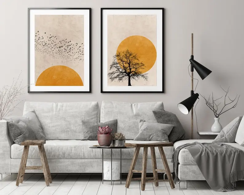 Unframed Nordic Sunset Silhouette Set of 2 Prints, Abstract 