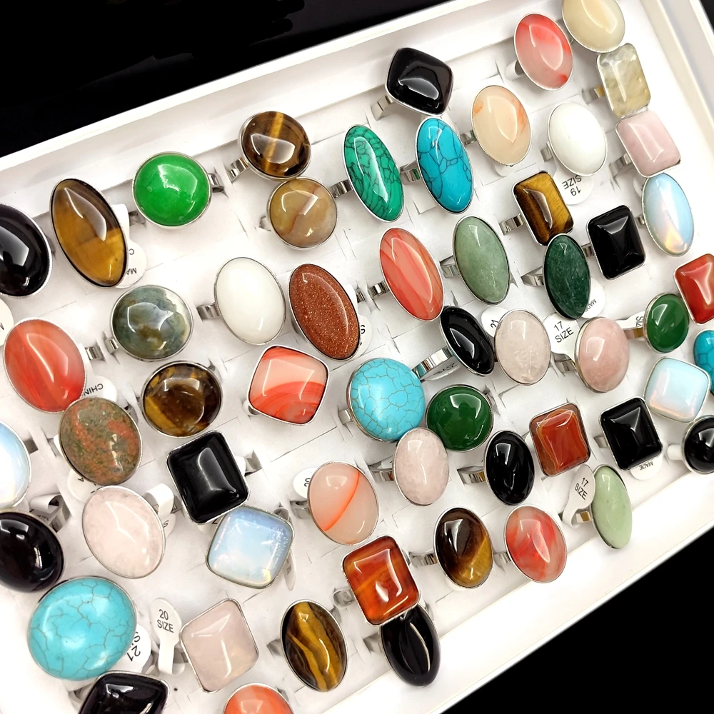20 Stück/Los Großhandel Gemischte 316L Edelstahl Ringe mit Großen Natursteinen, Ovale und Quadratische Opal-Cabochon-Ringe, Party-Schmuck – Detail 4