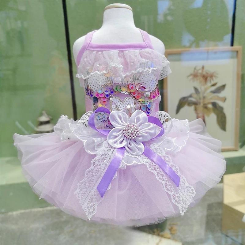 

Summer Puppy Clothing Home Wear Purple Sequin Flower Lace Sling Dress Fashionable Dog Dress for Small Medium Chihuahua Pet