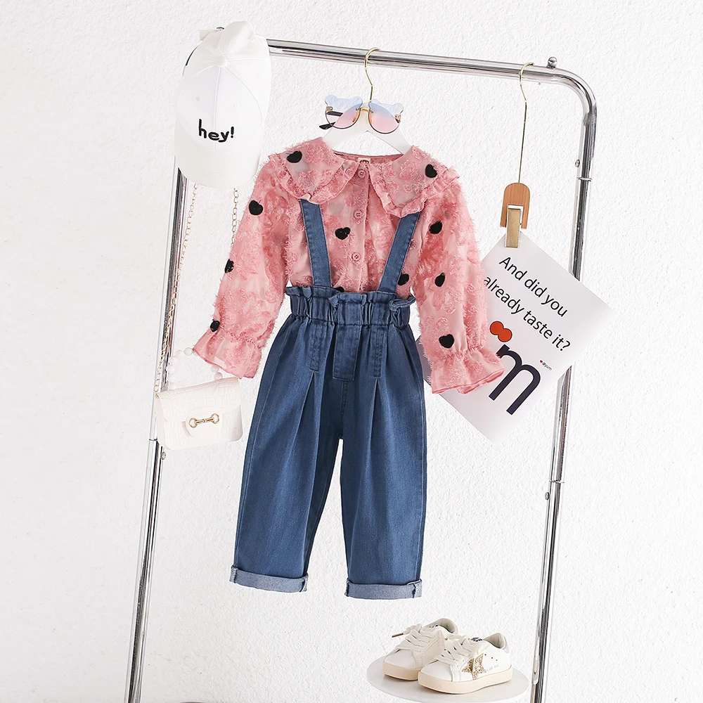 Children Girls Polka Dot Shirt + Denim Overalls Pants Suit Spring 2023 New Autumn  Baby Kids Girl Two-piece Clothing Set