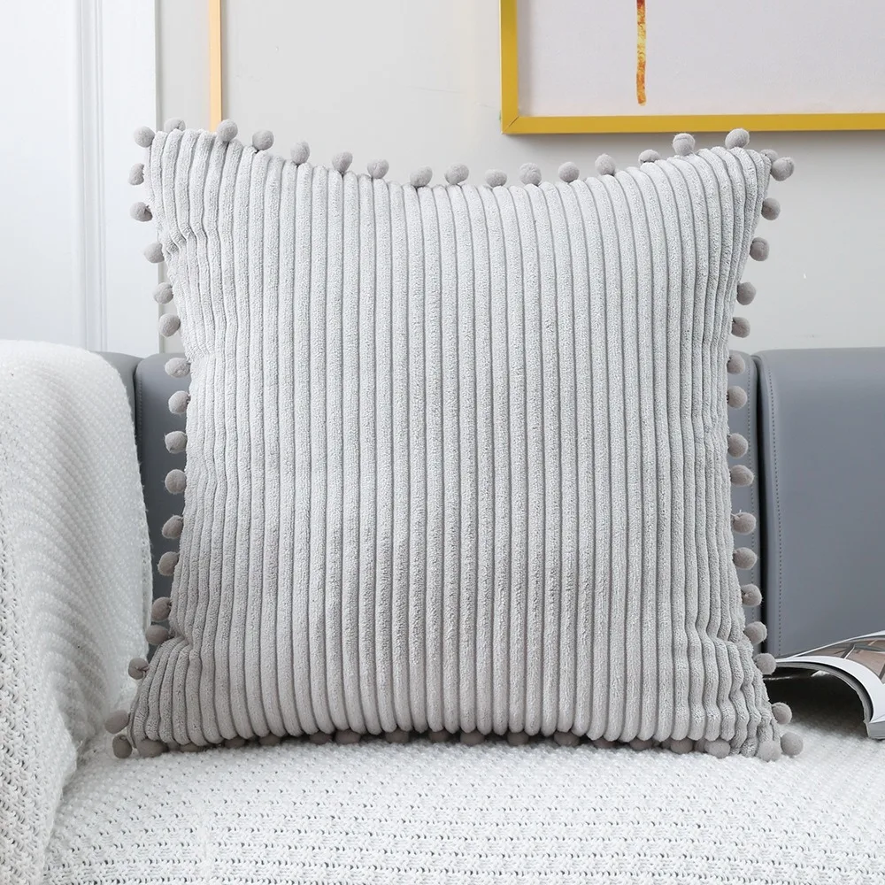 

Square Bohemia Throw Pillow Cover with Pom-pom Corduroy Cushion Cover Skin-friendly Stripe Pattern Pillowcase Living Room