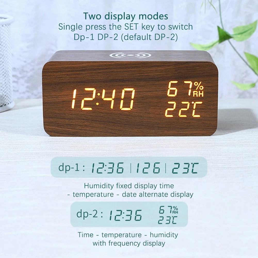 Digital Alarm Clock, Temperature and Humidity Alarm Clock LED Electronic Clock Smartphone Wireless Charger (White)