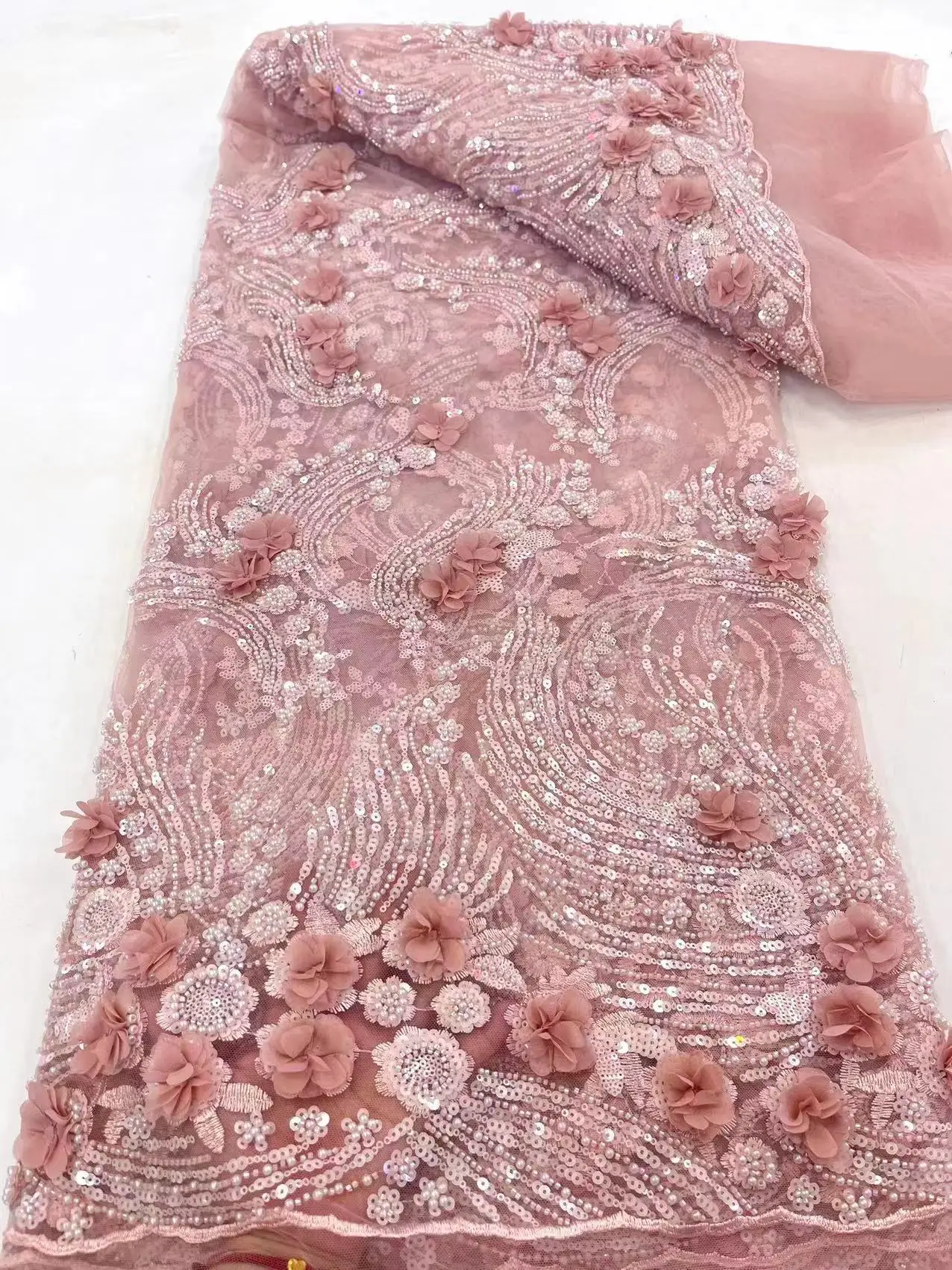 

African 3D Flower Lace Fabric 2024 High Quality French Beads Lace Fabric Groom Nigerian Sequins Lace Fabrics For Wedding