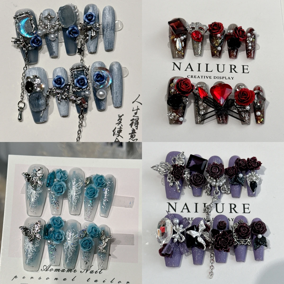 

10Pcs Handmade False Nails with Rose Butterfly Rhinestone Design Long Ballet Full Cover Fake Nails Coffin Press on Nail tips