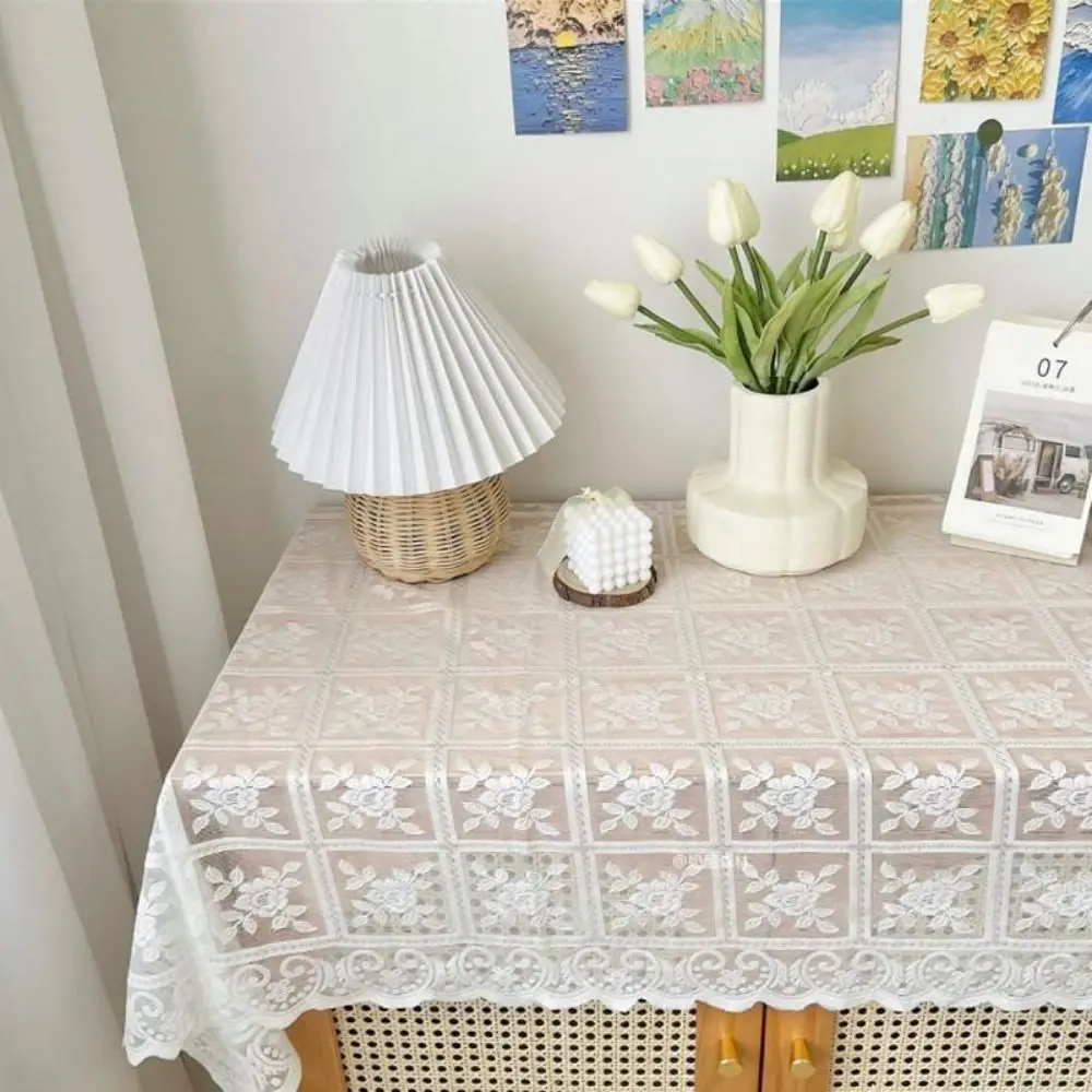Retro Rustic Lace Tablecloth White Flower Embroidered Home Dust-proof Cover Tablecloth Party Valentine's Day