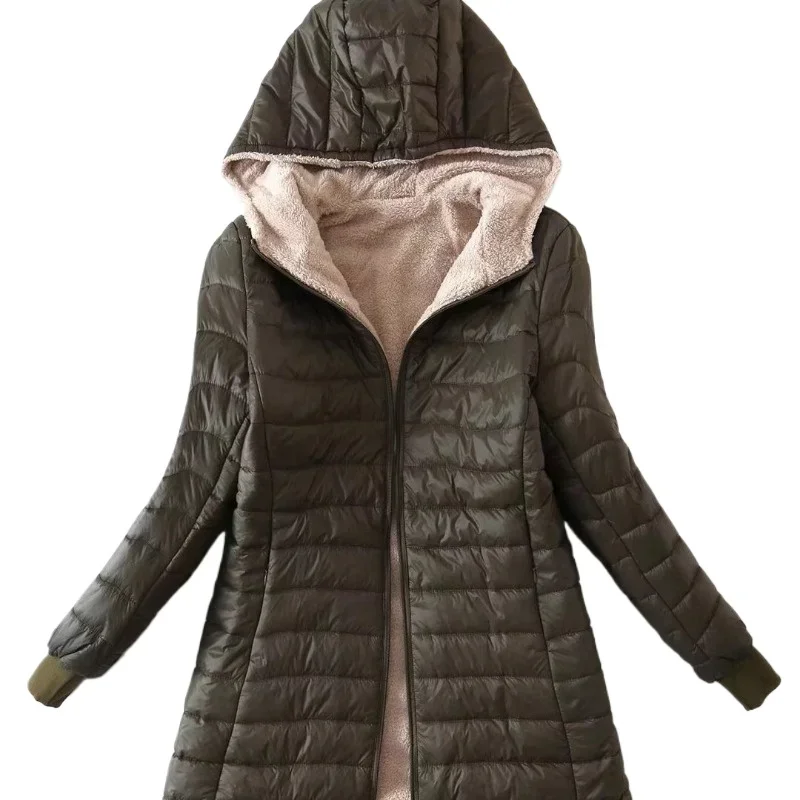 Women's Fashion, Casual, Simple and Elegant Lamb Wool Medium Long Warm Hooded Cotton Jacket Women's Top Plus Size Cotton Jacket