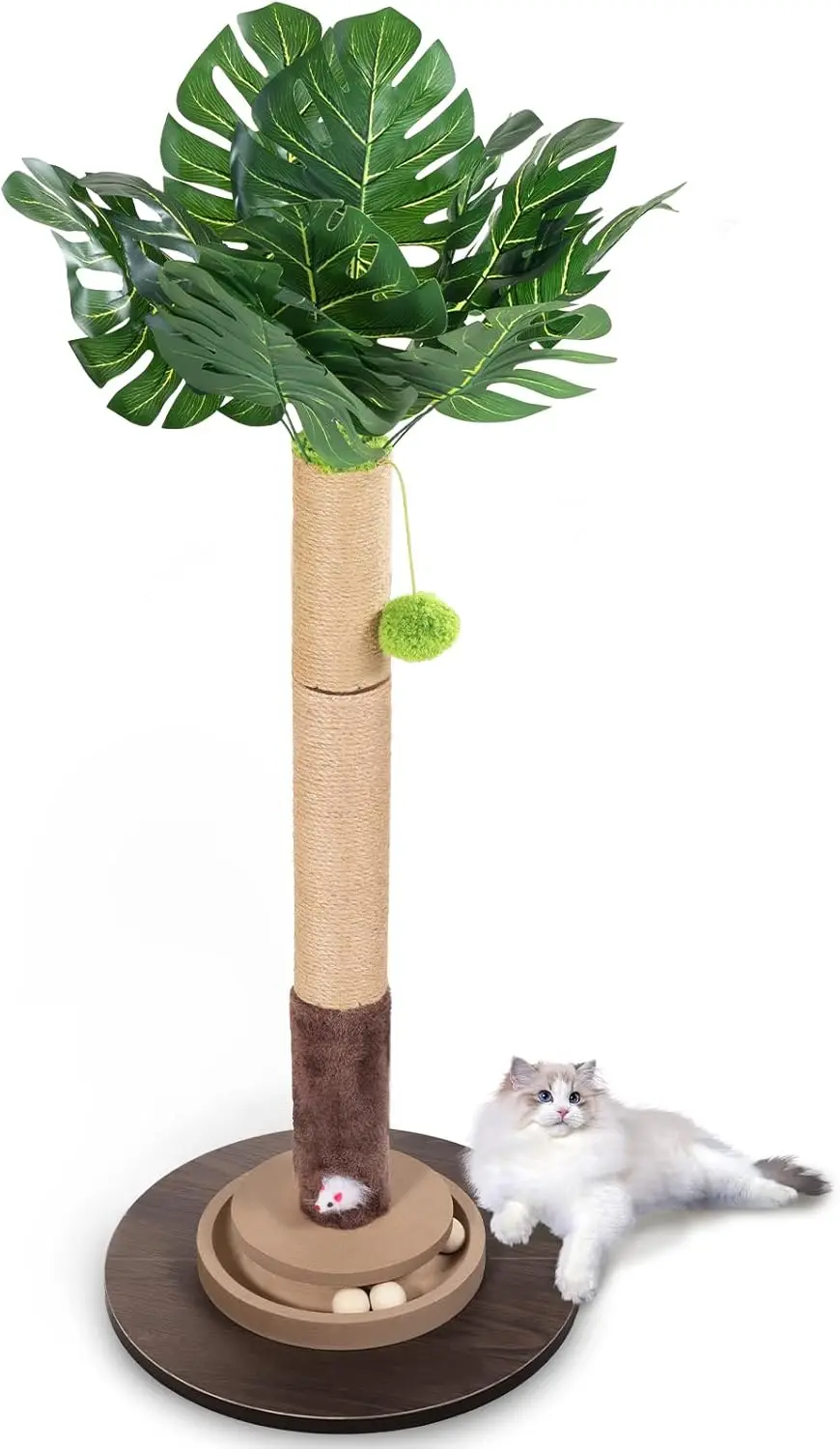 

Cat Scratching Post, 35 Inch Tall Cat Scratcher Cat Tree Tower with Hanging Ball for Indoor Cats Adults,Monstera Sisal R