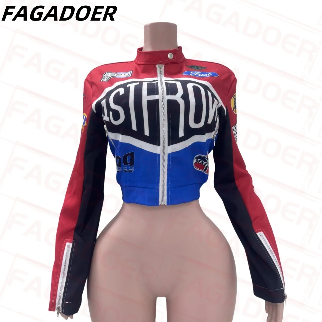 FAGADOER Punk Gothic Crop Jacket Fashion Women Color Blocks Letter Print Zip Patchwork Coat Hot Girl Streetwear Spring 2025 New