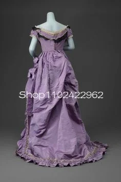 Maßgeschneidertes viktorianisches Ballkleid aus lila Lavendel-Seide, Ballkleider, gerüschte Spitze, Rüschen, schulterfrei, Kostüm, Geschichte, Abendkleid