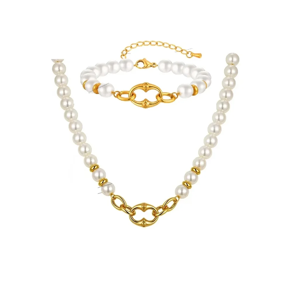 Exquisite Pearl Necklace and Bracelet Set Trendy for Women Elegant Jewelry Ensemble Gold toned Link Design Perfect Gift Choice