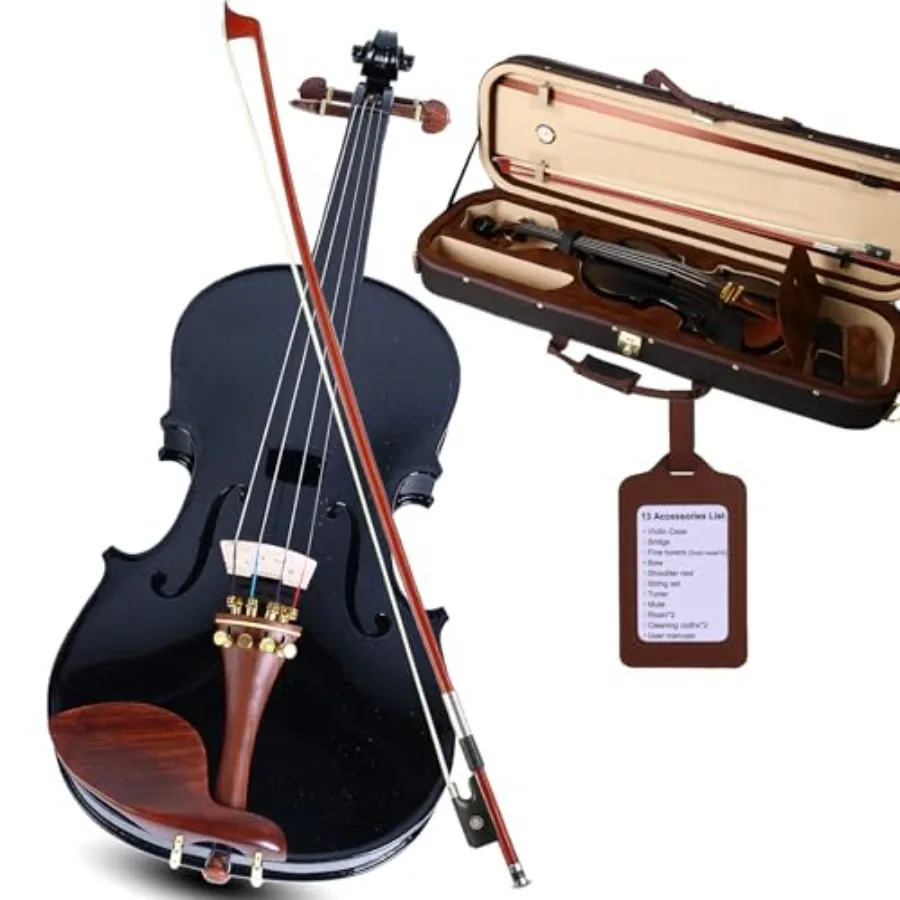 

Черная скрипка 4/4 полноразмерная, полный комплект для взрослых, подростков и студентов, из массива клена с фурнитурой из палисандра, с чехлом и сопутствующими принадлежностями