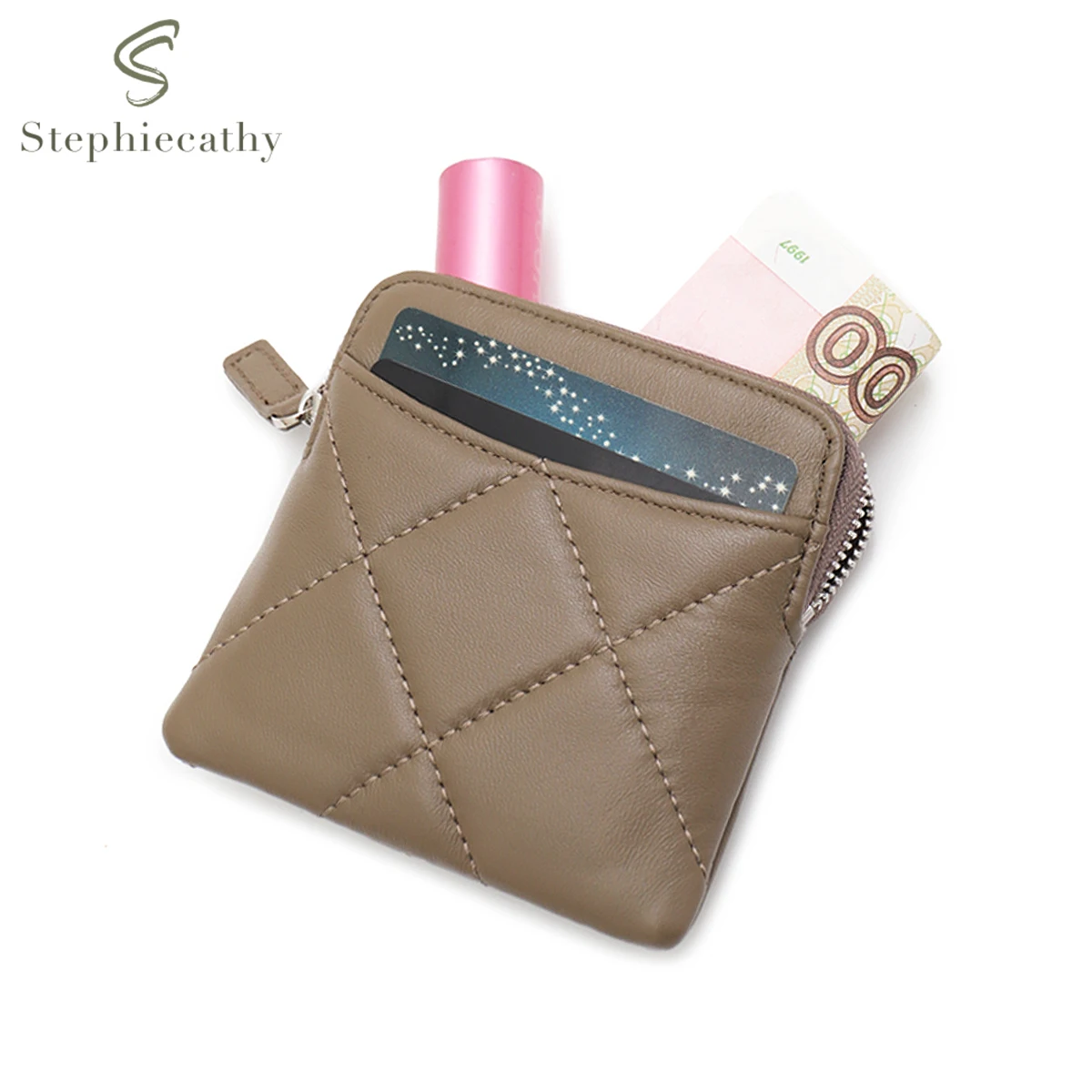 SC  Women's Fashion Thread Quilted Sheepskin Small Wallet Multi Slots Card Holder Zip Money Bag Portable Versatile Coin Purse