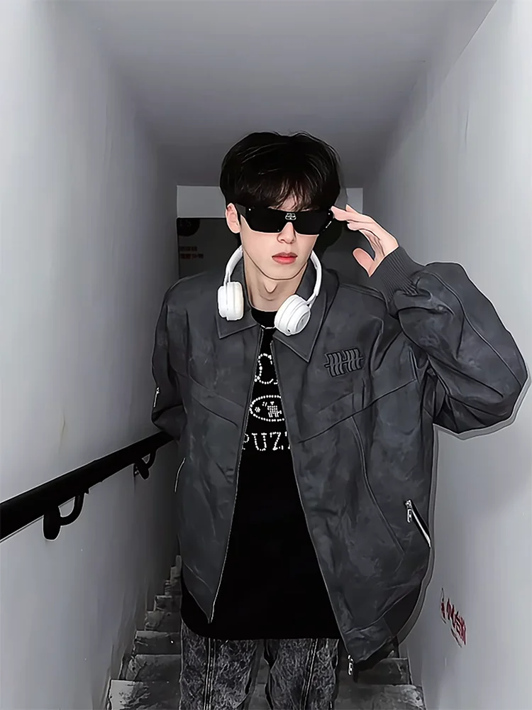 

American Retro Men's ort PU Leather Jaet Spring Autumn Dirt Bike Sle Trendy Brand Cleanfit Top Casual Loose Fit Zipper ...