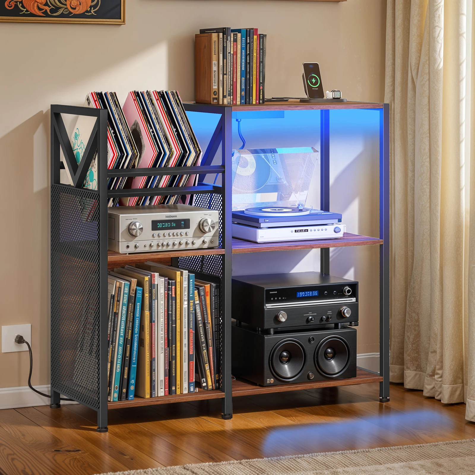 

LED Turntable Stand 3 Tier Vinyl Record Storage with Power Outlets
