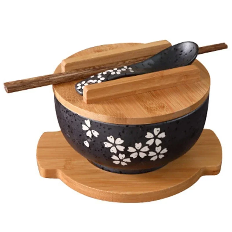 Japanese Tableware Instant Noodles Bowl Dining Room Ceramic Salad Bowl Bring Wooden Spoon Chopstick