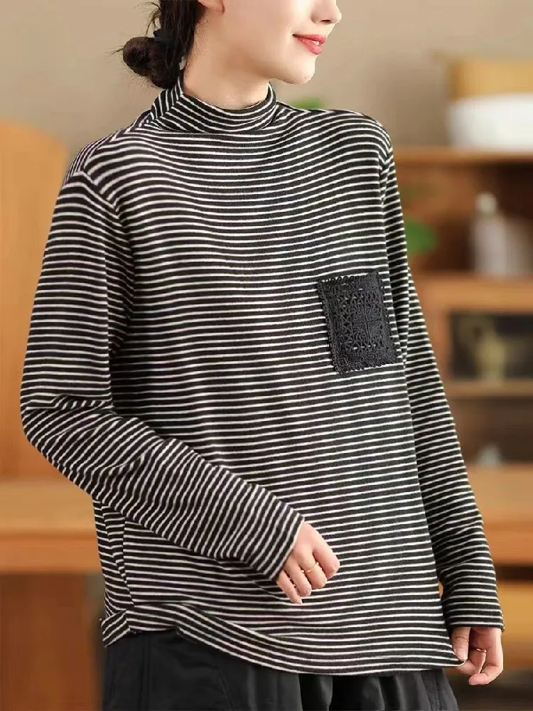 Max LuLu Striped Winter Turtleneck Ladies Classic Tee Shirts Fashion Vintage Loose Tops Cotton Leisure Elastic Elegant Clothes