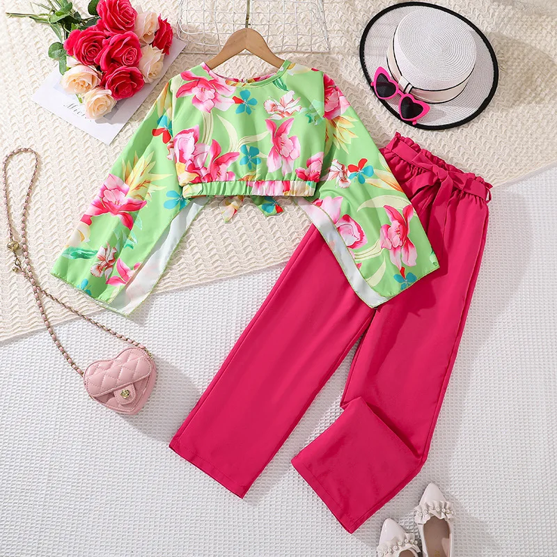 2024 New Clothing Set Girls Long Sleeve Print Floral Green T-shirt Rose Red Pants 2 Pcs Sets Casual Girls Clothes Set 8-12T