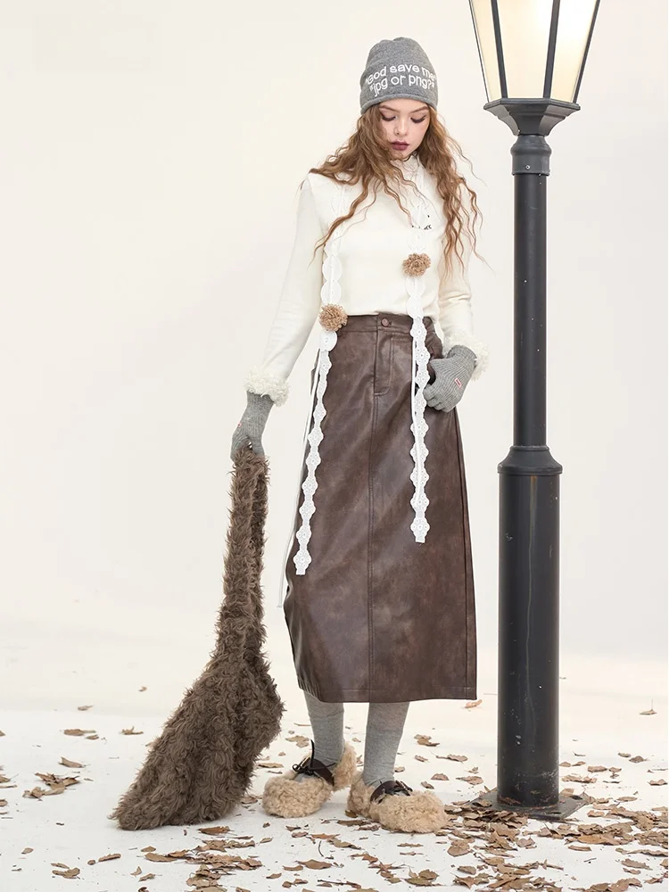 High Waist PU Leather Half Skirt Women's Winter Vintage Spot Color Rubbing Long Skirt A-Line Skirt with Pocket Button Detail