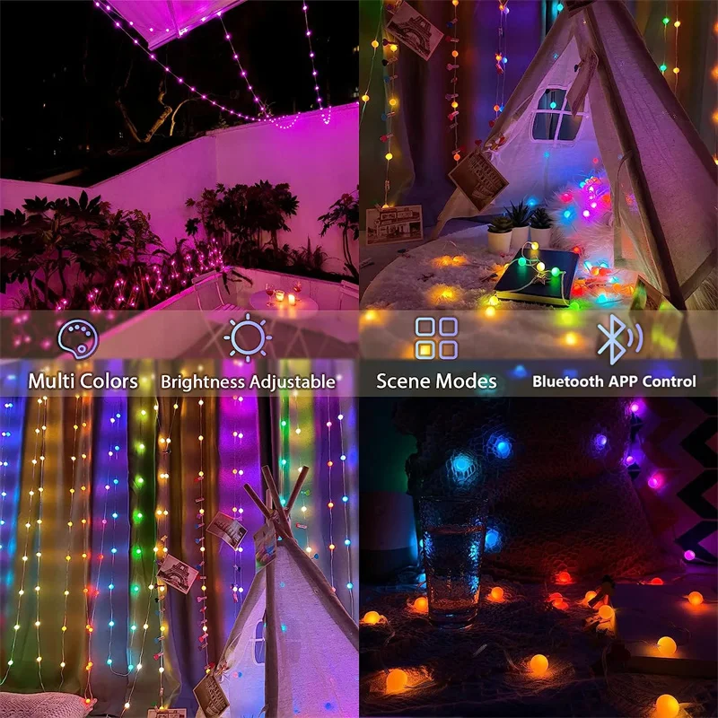 Bluetooth USB LED String Light RGBIC Round Garland Light Smart Color Changing Garden Lights String For Home Festival Decor