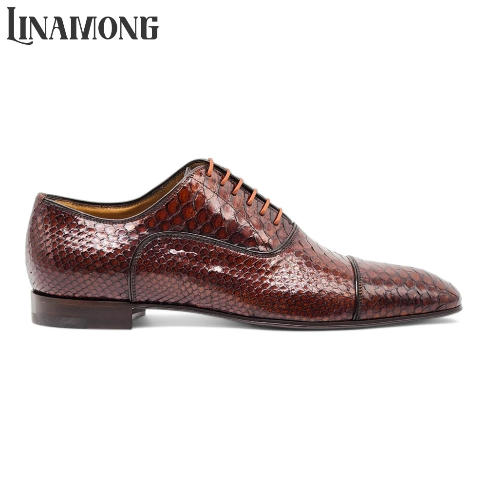 

Brown Faux Python Leather Oxford Shoes Designer Style Limited-Edition Handmade Oxfords Sleek Elongated Silhouette Dress Shoes