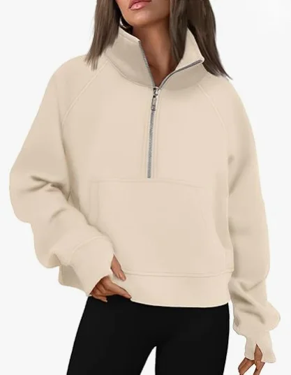 Damen Neue Half-Zip Kurze Reine Farbe Fleece Hoodie Stehkragen Jacke Lässig Bequeme Streetwear